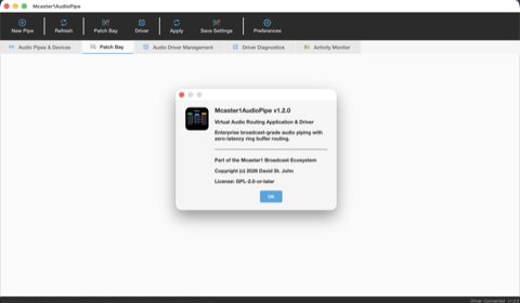 About Mcaster1AudioPipe dialog