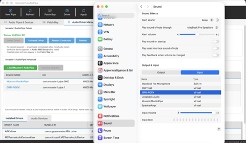 macOS Sound Settings showing virtual input devices