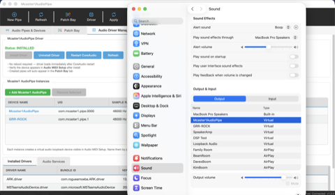 macOS Sound Settings showing virtual output devices